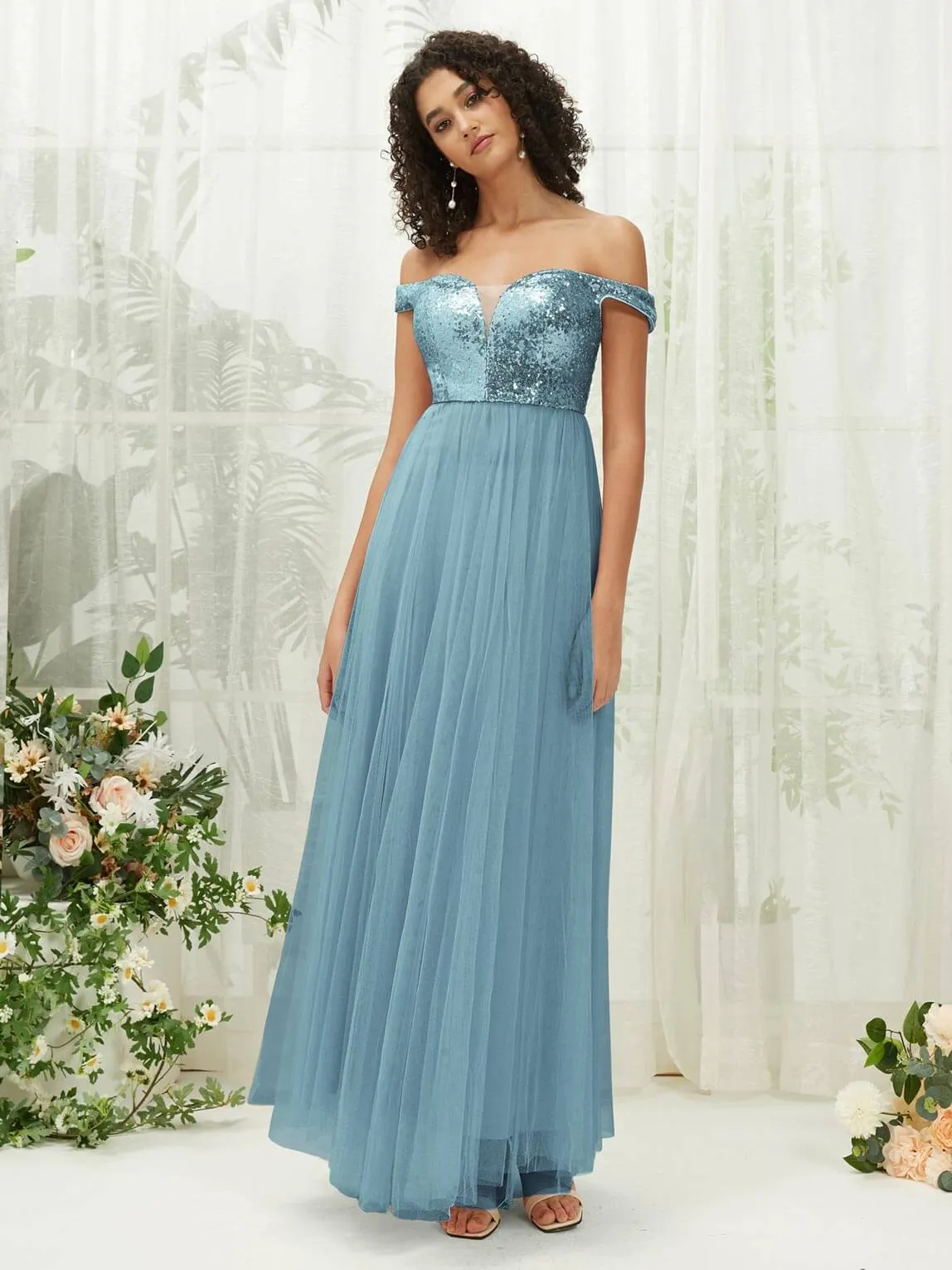 [Final Sale] Moody Blue Sequin Tulle Off-Shoulder Maxi Flowy Bridesmaid Dress