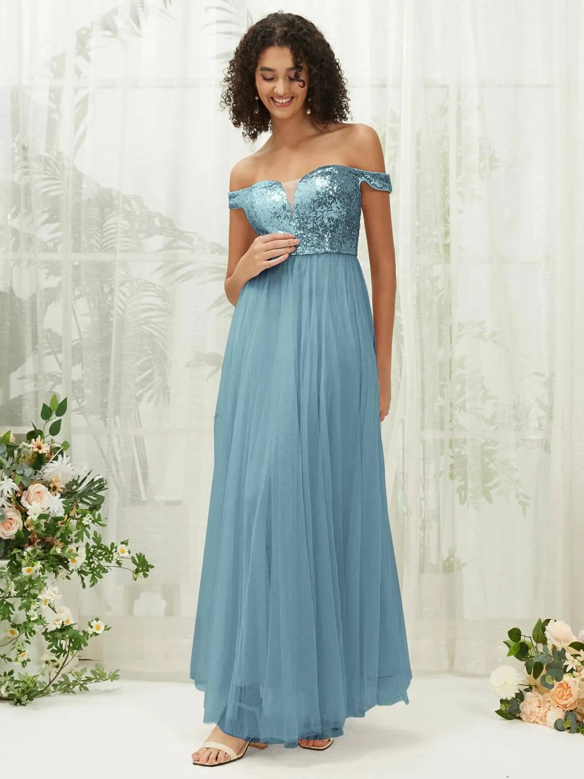 [Final Sale] Moody Blue Sequin Tulle Off-Shoulder Maxi Flowy Bridesmaid Dress