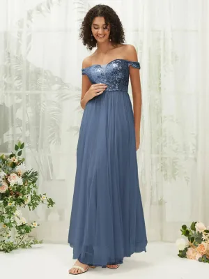 [Final Sale] Slate Blue Sequin Tulle Off-Shoulder Maxi Flowy Bridesmaid Dress