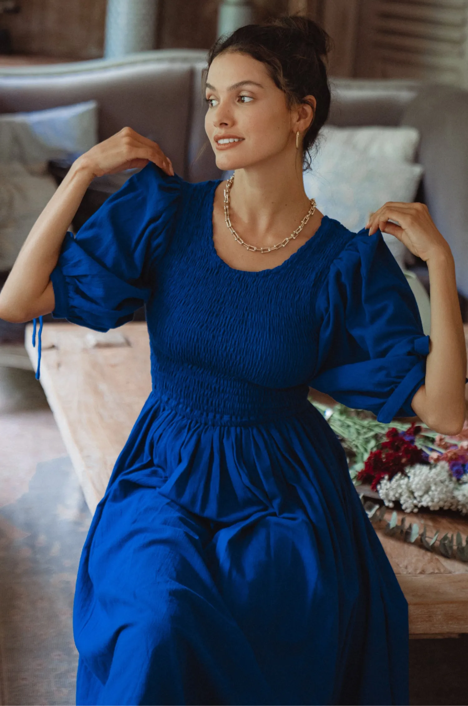 Freya Smocked Linen Midi Dress - Sapphire