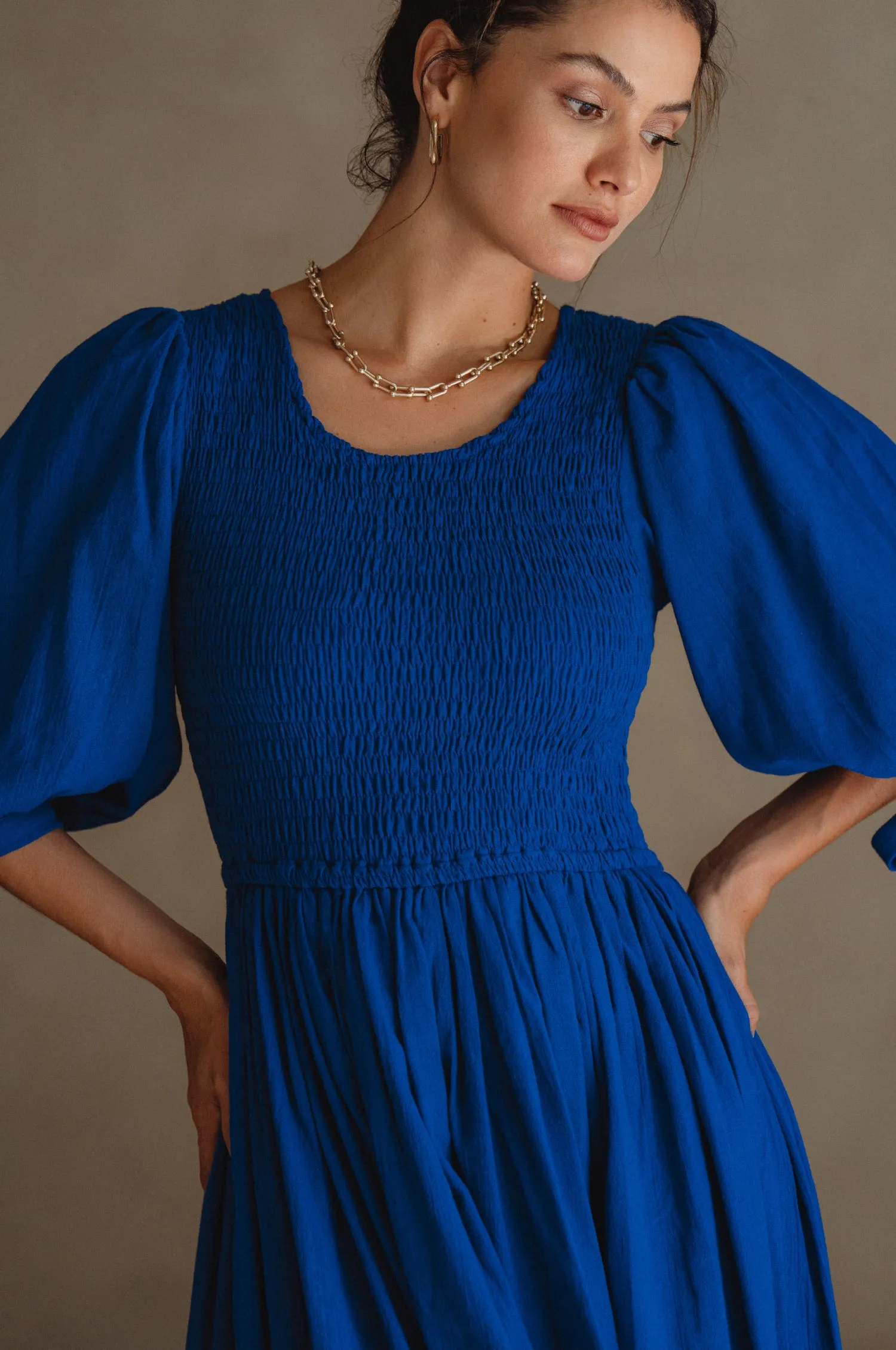 Freya Smocked Linen Midi Dress - Sapphire