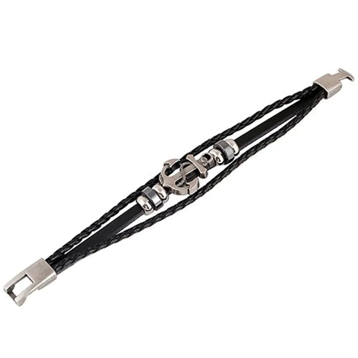 Genuine Black Leather Wrist Band Strand Bracelet with Anchor Braided Design