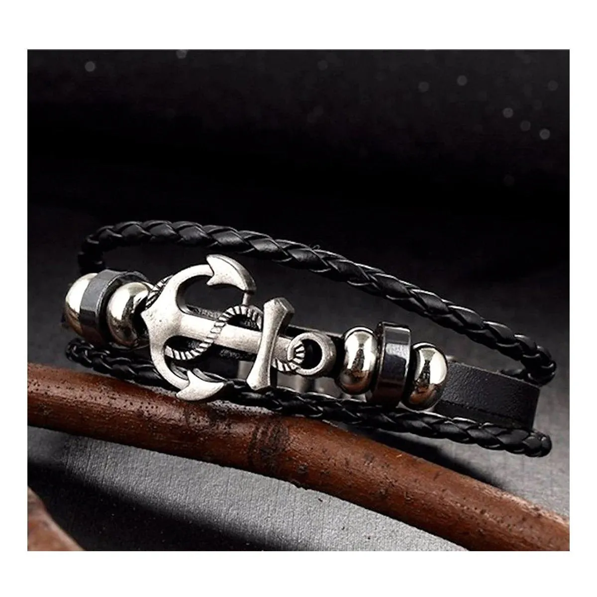 Genuine Black Leather Wrist Band Strand Bracelet with Anchor Braided Design