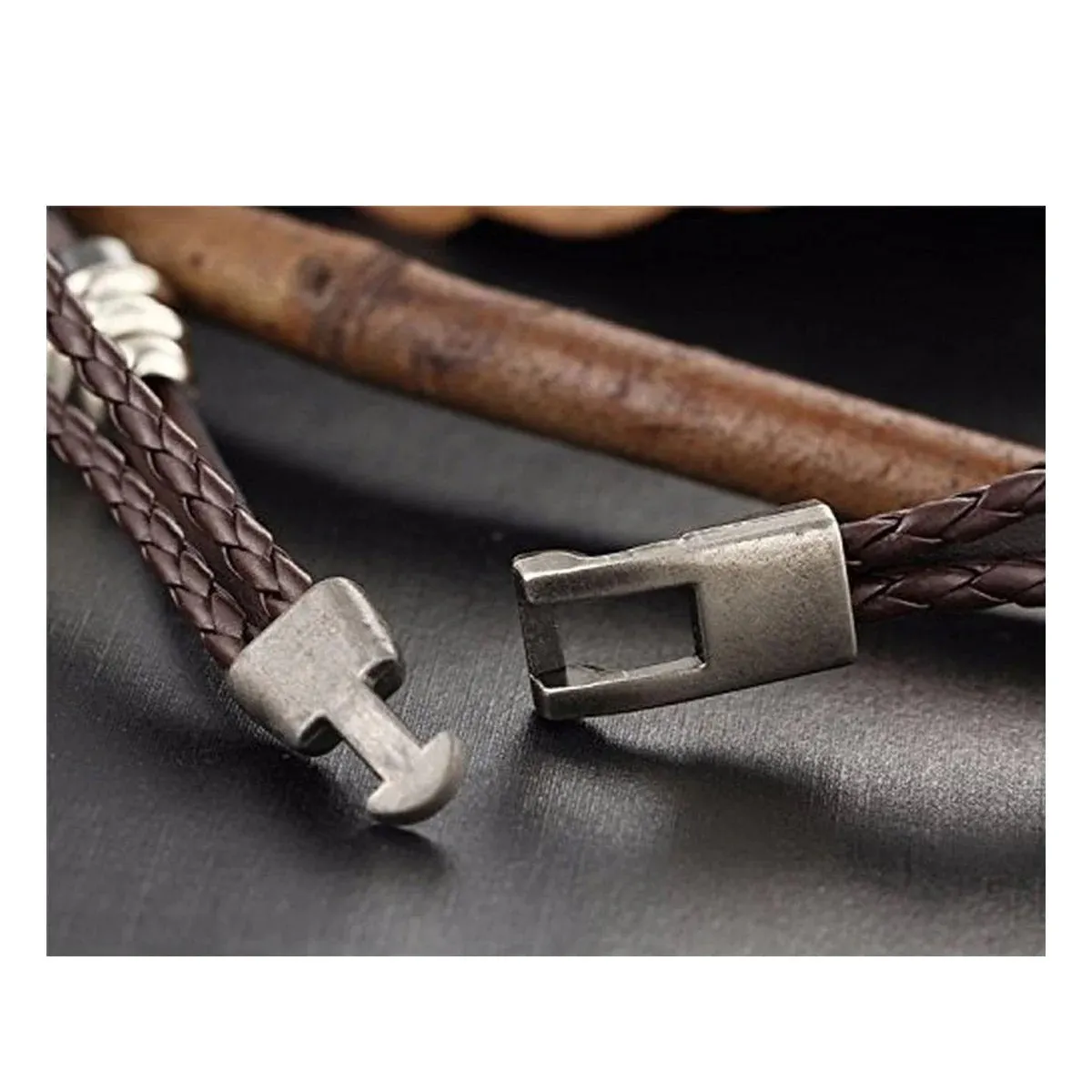 Genuine Black Leather Wrist Band Strand Bracelet with Anchor Braided Design