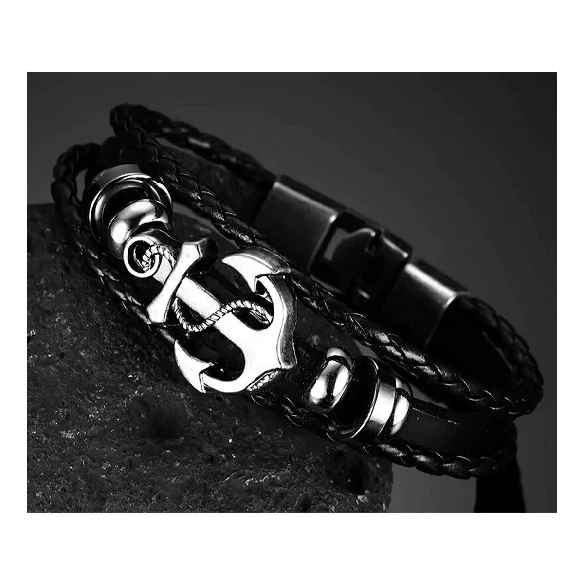 Genuine Black Leather Wrist Band Strand Bracelet with Anchor Braided Design