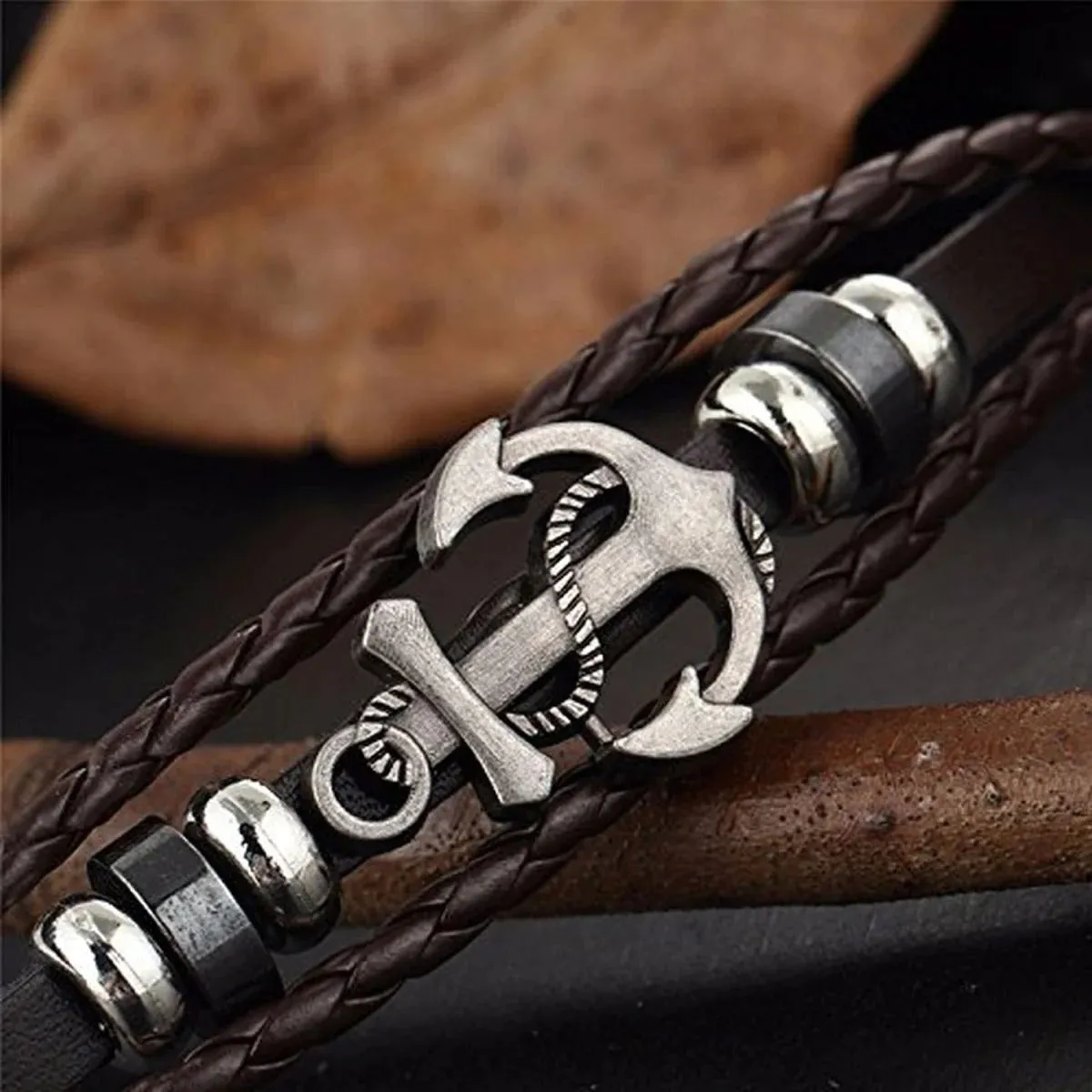 Genuine Black Leather Wrist Band Strand Bracelet with Anchor Braided Design