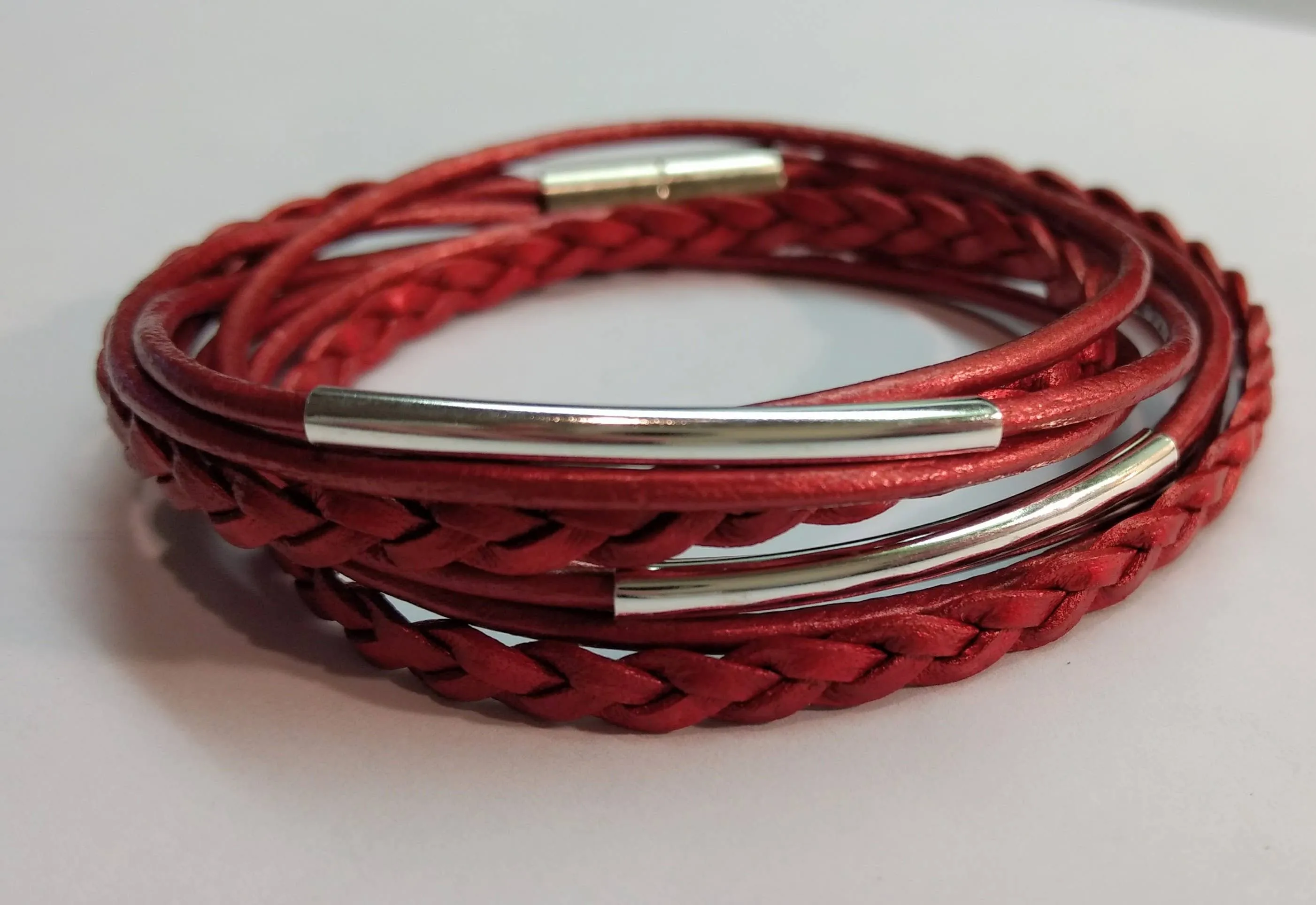 Genuine Leather Silver Plated Metallic Red Braided Wrap Bracelet