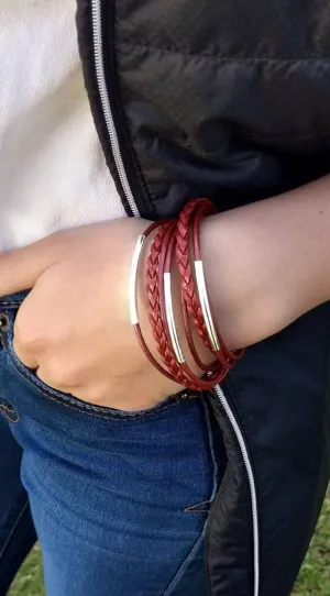 Genuine Leather Silver Plated Metallic Red Braided Wrap Bracelet