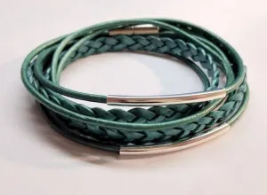 Genuine Leather Silver Plated Turquoise Braided Wrap Bracelet