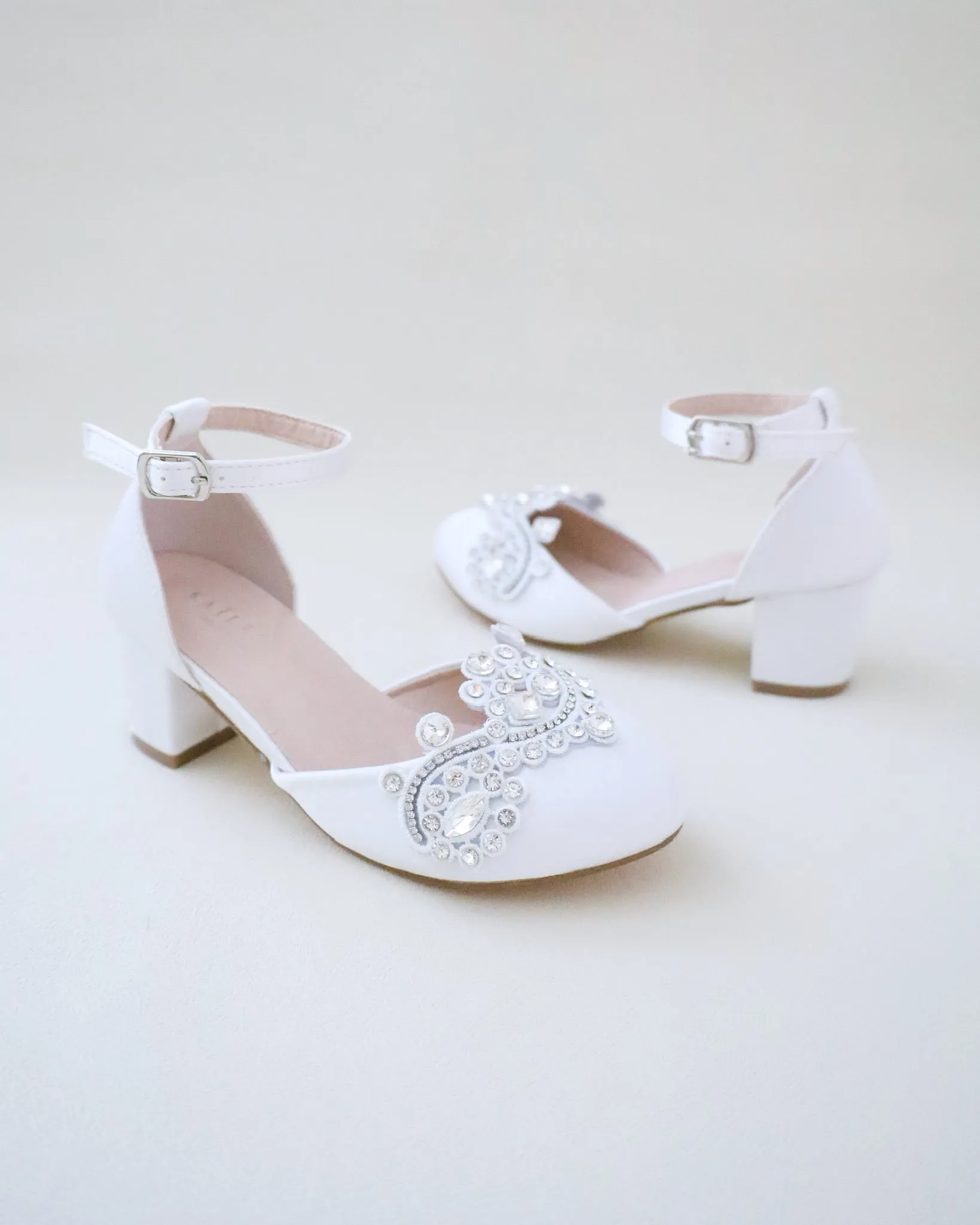 Girls Satin Block Heel with Rhinestones Applique