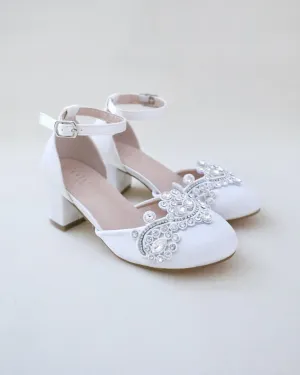 Girls Satin Block Heel with Rhinestones Applique