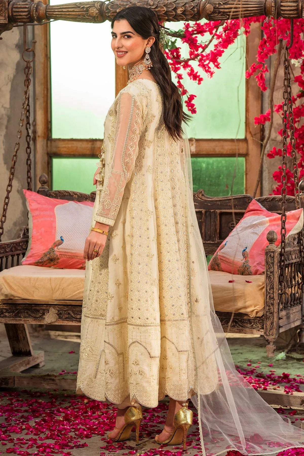Gold White Heavily Embellished Angrakha Style Pakistani Party Dress