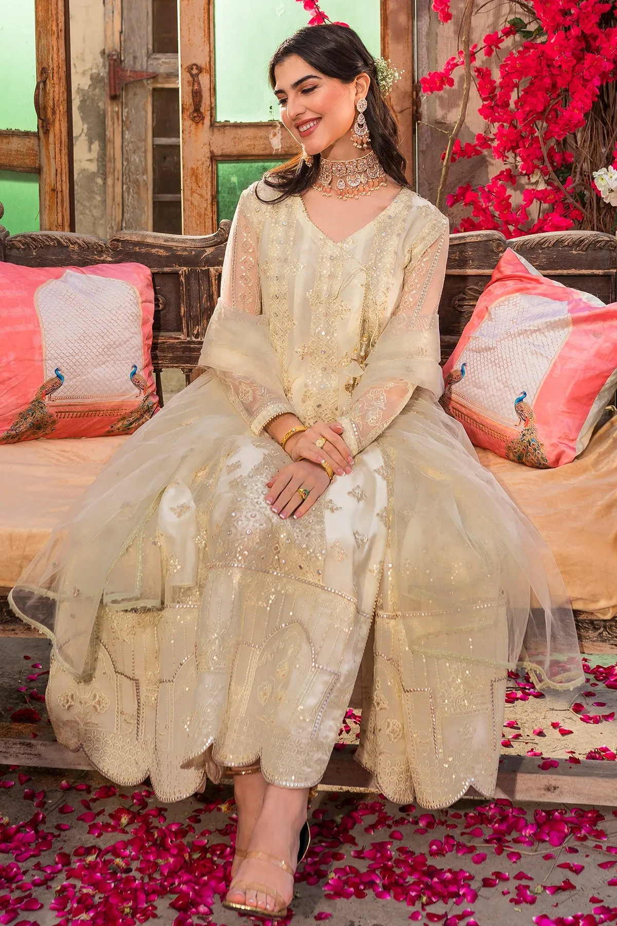 Gold White Heavily Embellished Angrakha Style Pakistani Party Dress