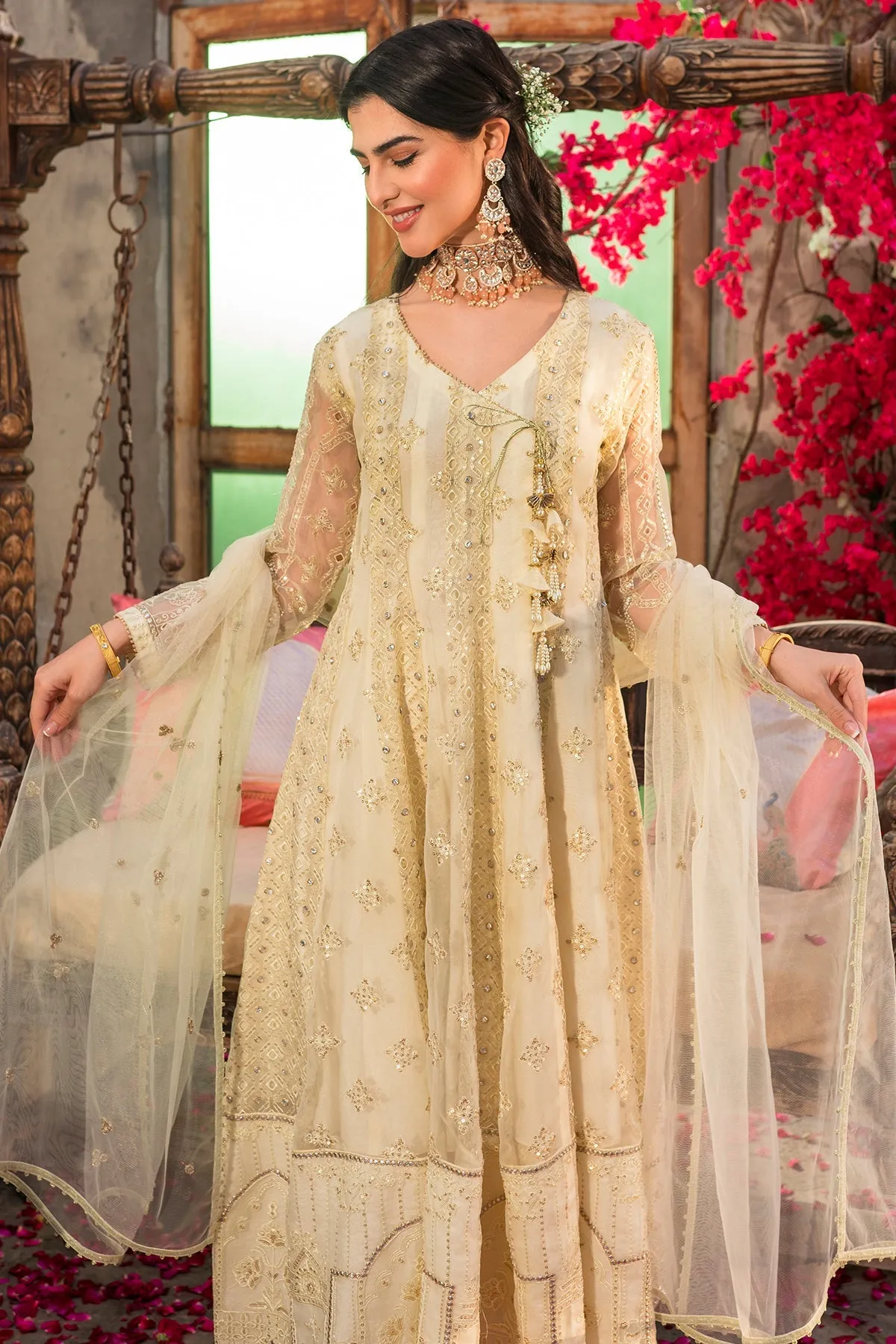 Gold White Heavily Embellished Angrakha Style Pakistani Party Dress
