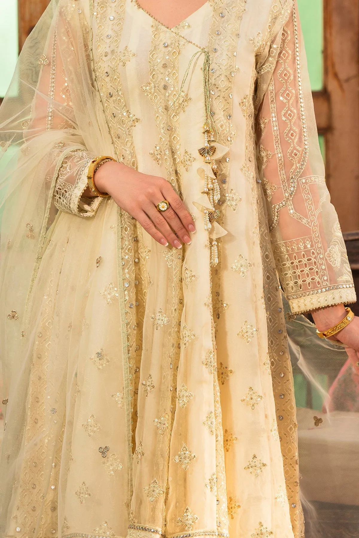 Gold White Heavily Embellished Angrakha Style Pakistani Party Dress