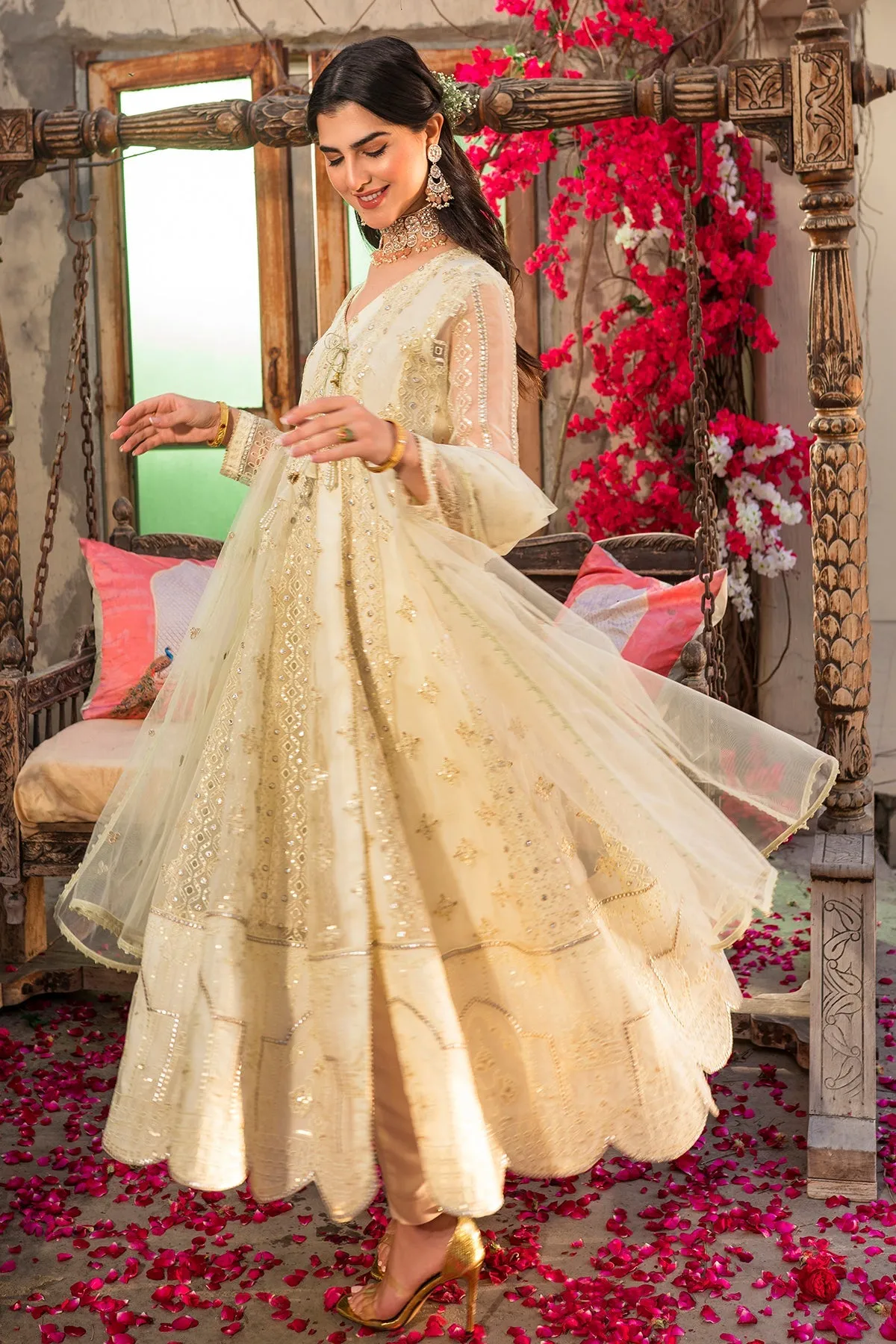 Gold White Heavily Embellished Angrakha Style Pakistani Party Dress