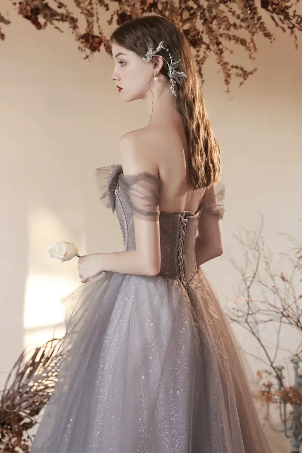 Gray Tulle Beaded Long Prom Dress, Beautiful Off the Shoulder Evening Party Dress APP0923