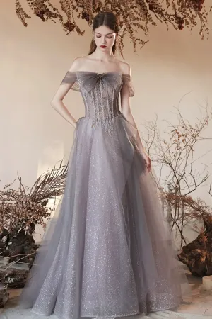 Gray Tulle Beaded Long Prom Dress, Beautiful Off the Shoulder Evening Party Dress APP0923