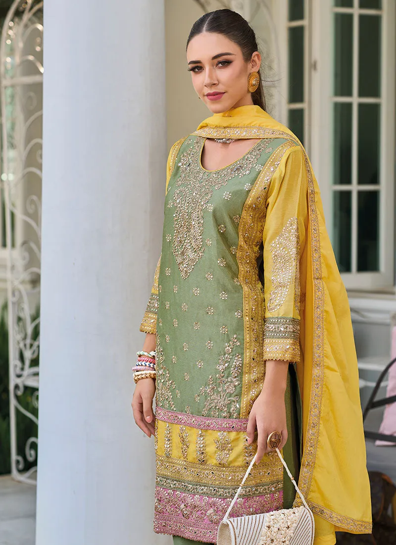Green And Yellow Multi Embroidery Pant Suit