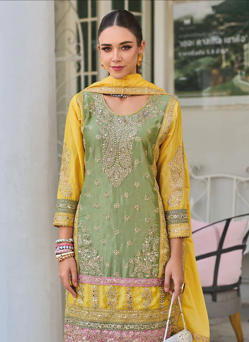 Green And Yellow Multi Embroidery Pant Suit