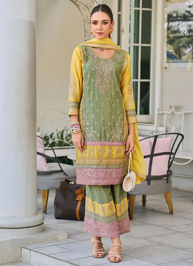 Green And Yellow Multi Embroidery Pant Suit
