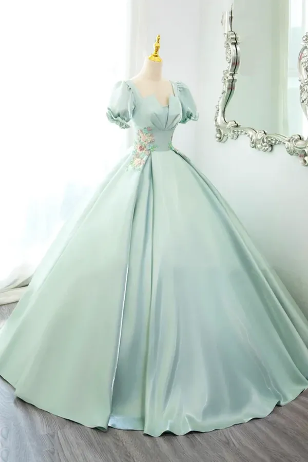 Green Satin Lace Long Prom Dress, Beautiful A Line Short Sleeve Evening Party Dress APP0977