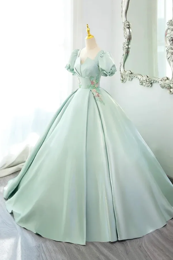 Green Satin Lace Long Prom Dress, Beautiful A Line Short Sleeve Evening Party Dress APP0977