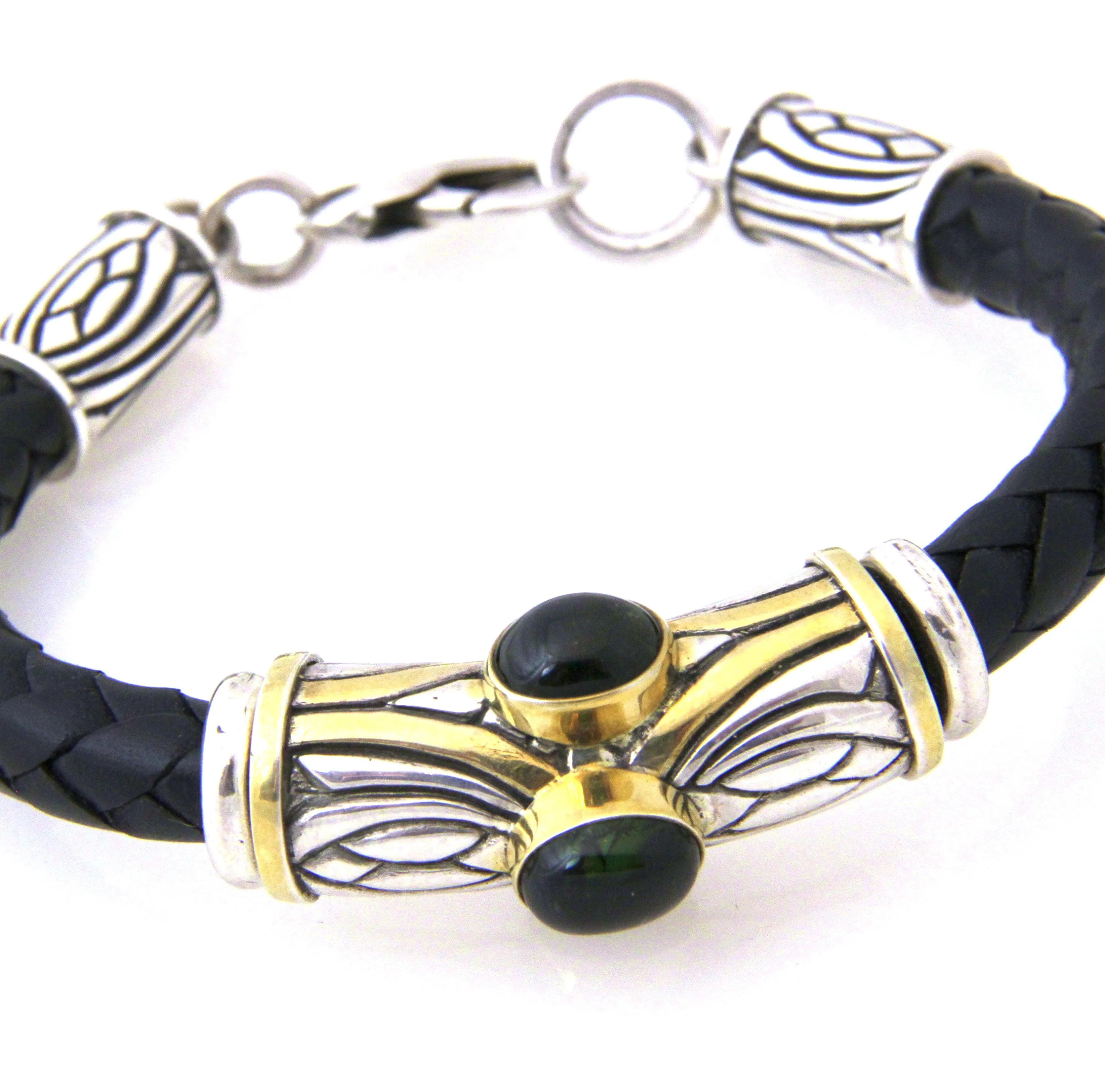 Green Tourmaline with Braided Leather Bracelet
