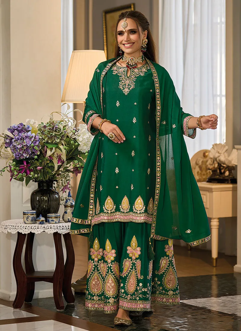 Green Traditional Embroidery Festive Palazzo Suit