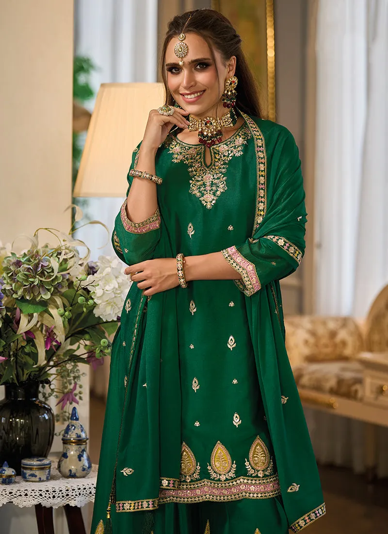 Green Traditional Embroidery Festive Palazzo Suit