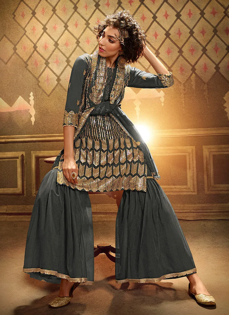 Grey Sequence Embroidered Gharara Suit