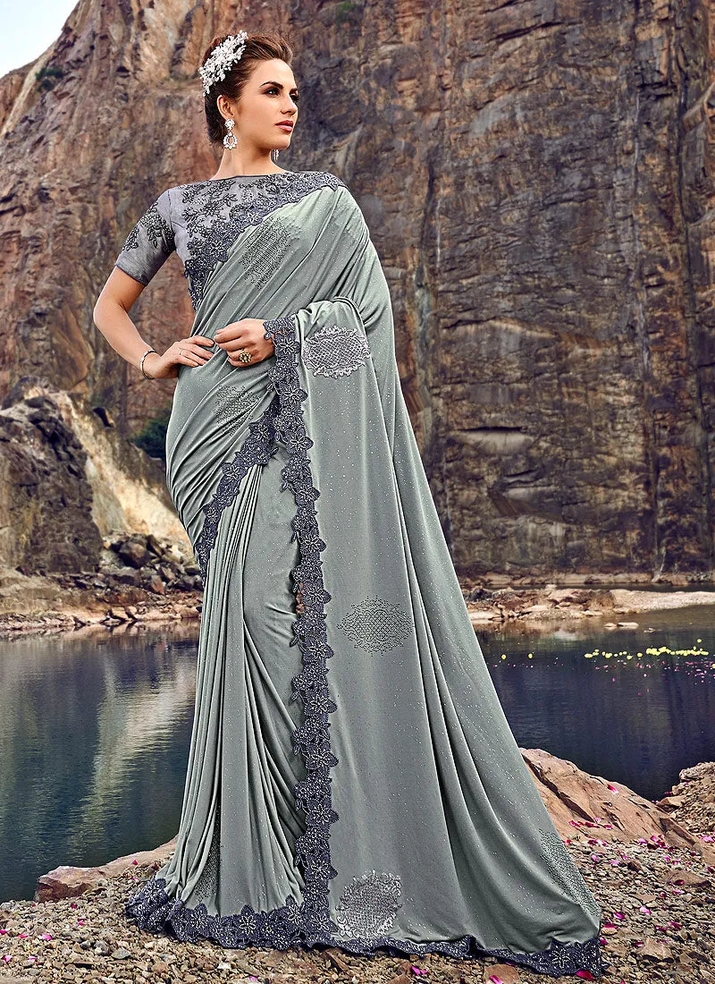 Grey Two Tone Bunch Embroidered Party Wear Saree