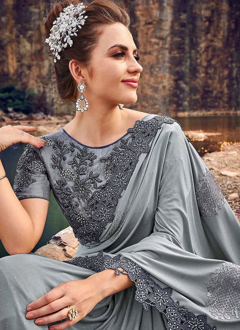 Grey Two Tone Bunch Embroidered Party Wear Saree
