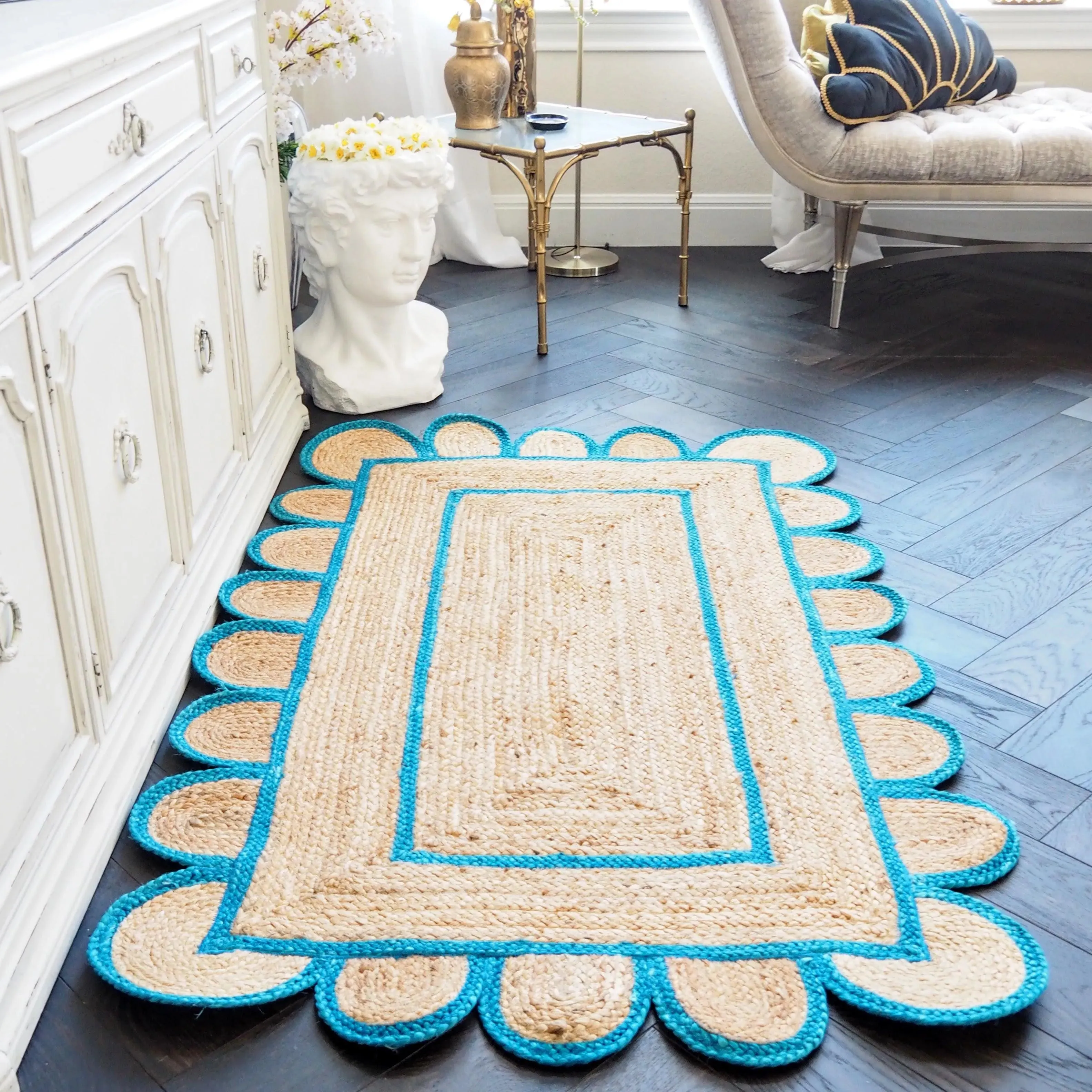 Handmade Blue Mini Scalloped Jute Rug