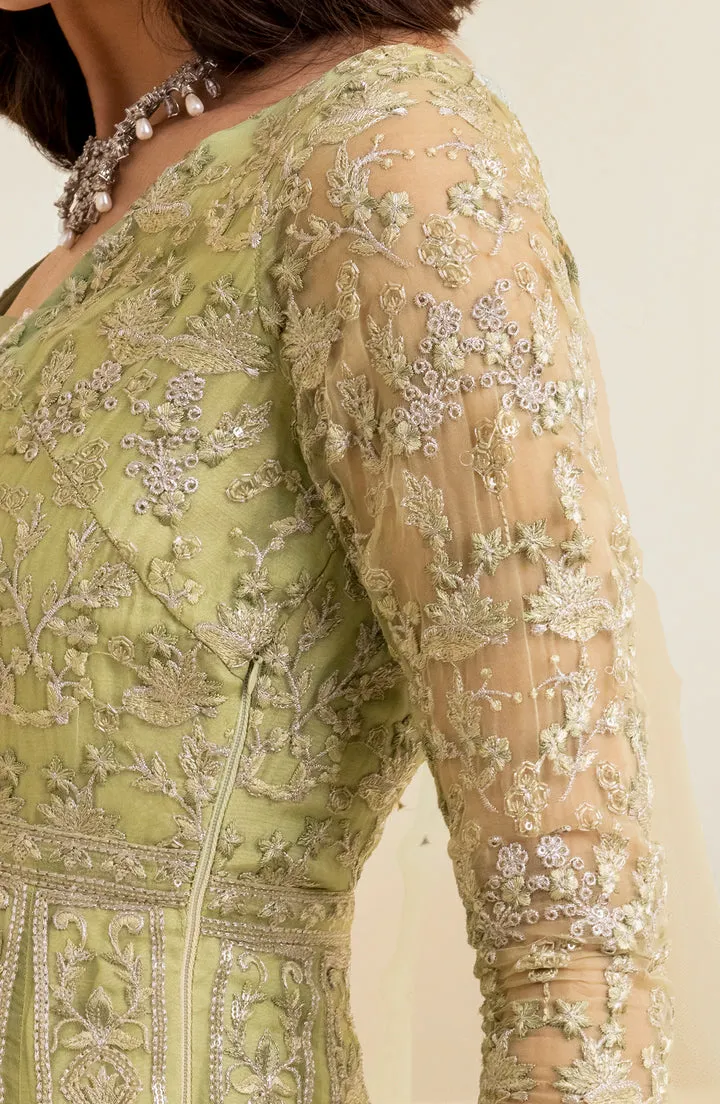 Heavily Embellished Pakistani Wedding Dress in mint Green Pishwas Style