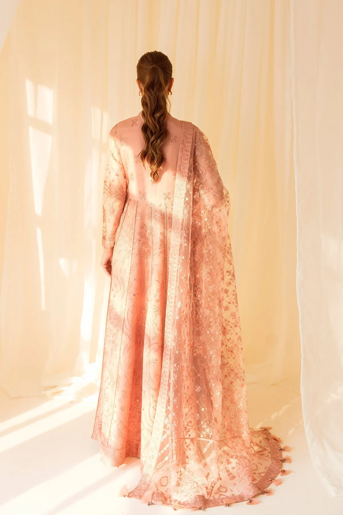 Heavily Embellished Peach Pakistani Pishwas Dupatta Wedding Dress