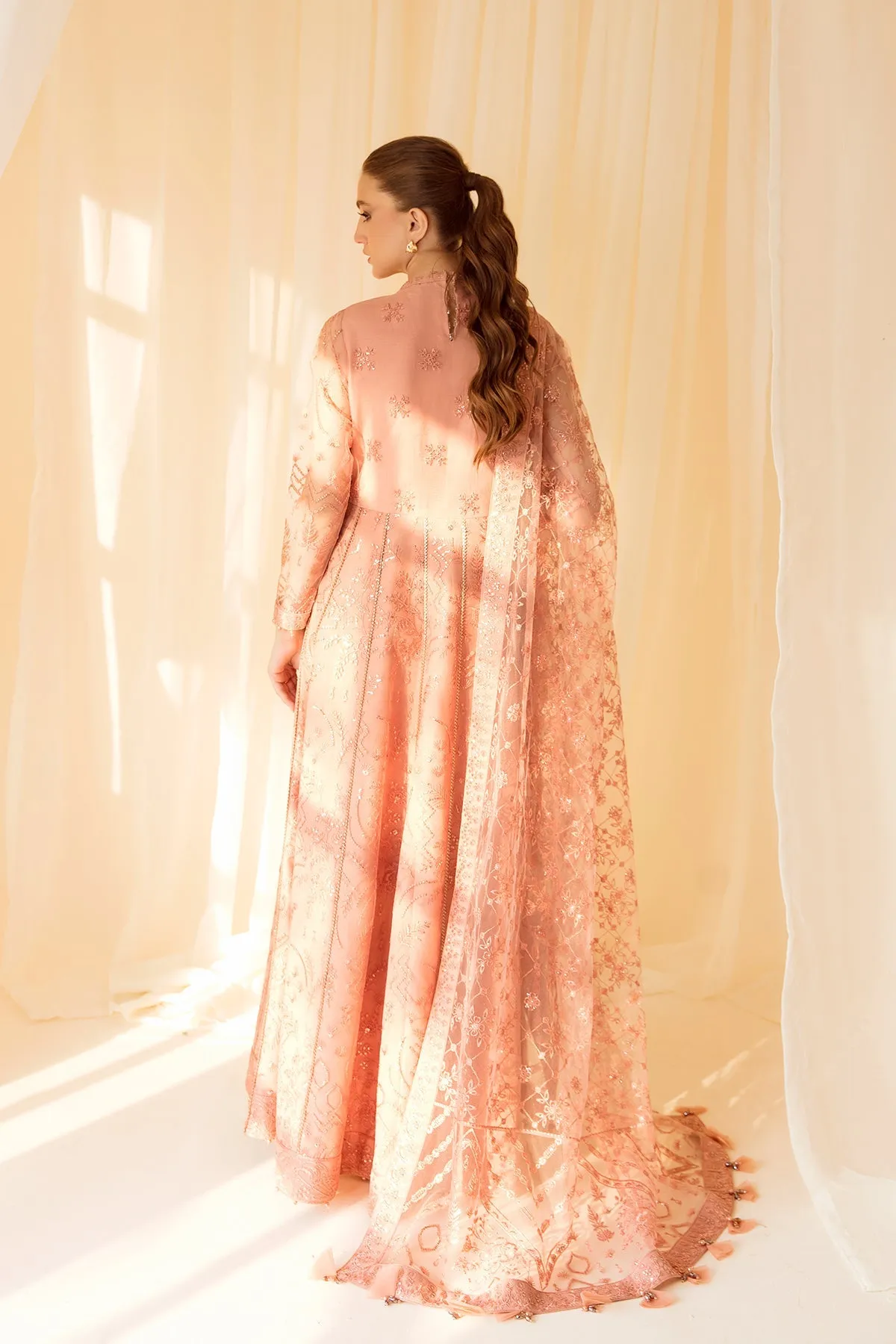 Heavily Embellished Peach Pakistani Pishwas Dupatta Wedding Dress