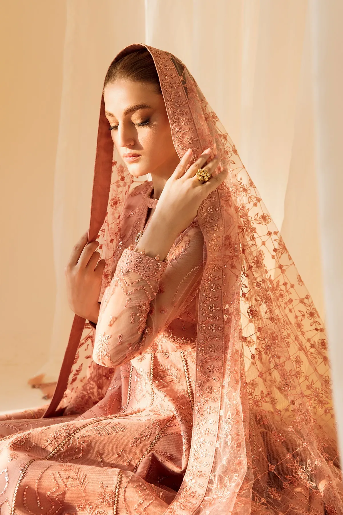 Heavily Embellished Peach Pakistani Pishwas Dupatta Wedding Dress