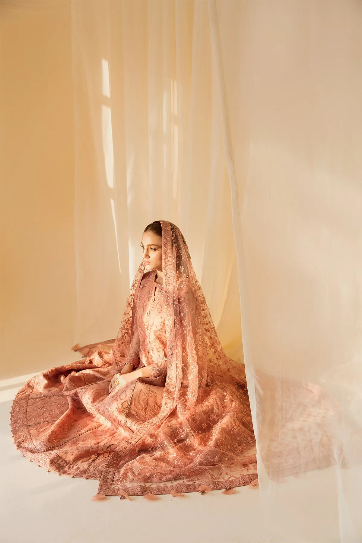 Heavily Embellished Peach Pakistani Pishwas Dupatta Wedding Dress