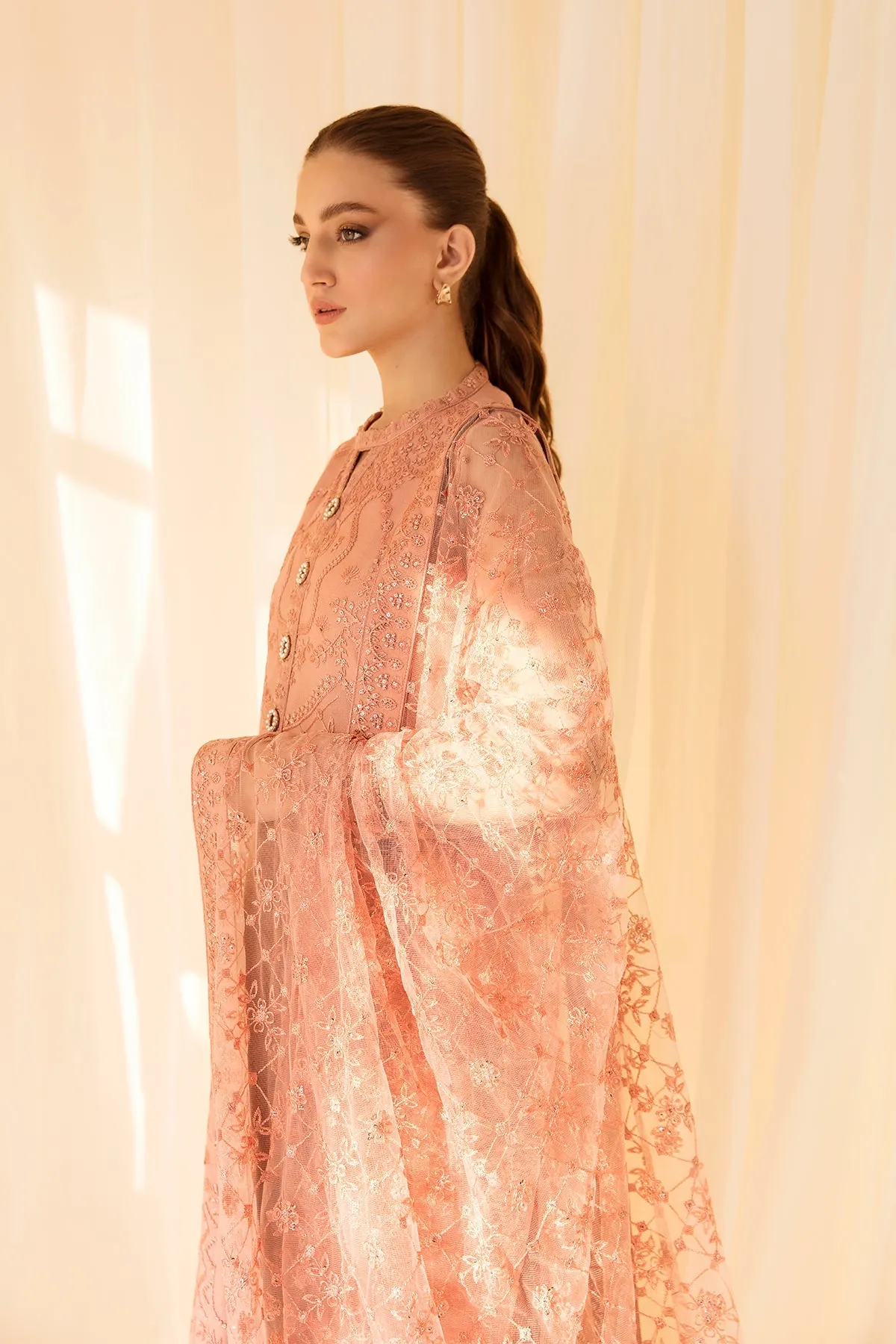Heavily Embellished Peach Pakistani Pishwas Dupatta Wedding Dress