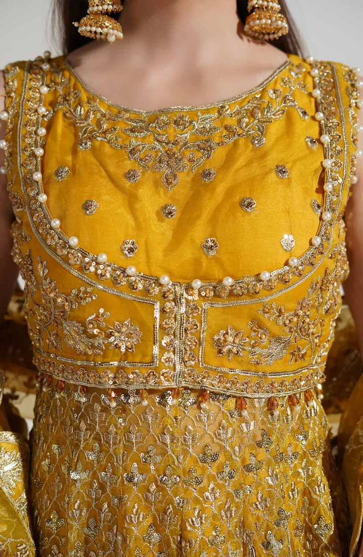 Heavily Embroidered Yellow Pakistani Frock Mehndi Wedding Dress