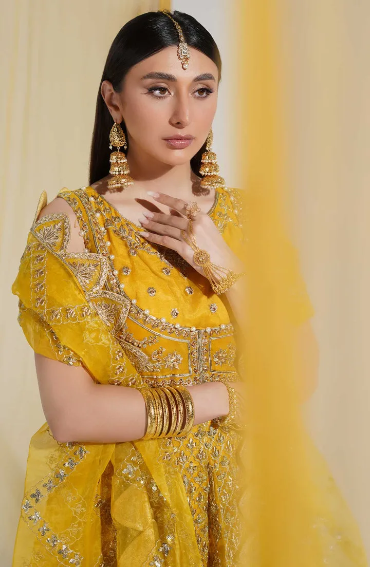 Heavily Embroidered Yellow Pakistani Frock Mehndi Wedding Dress