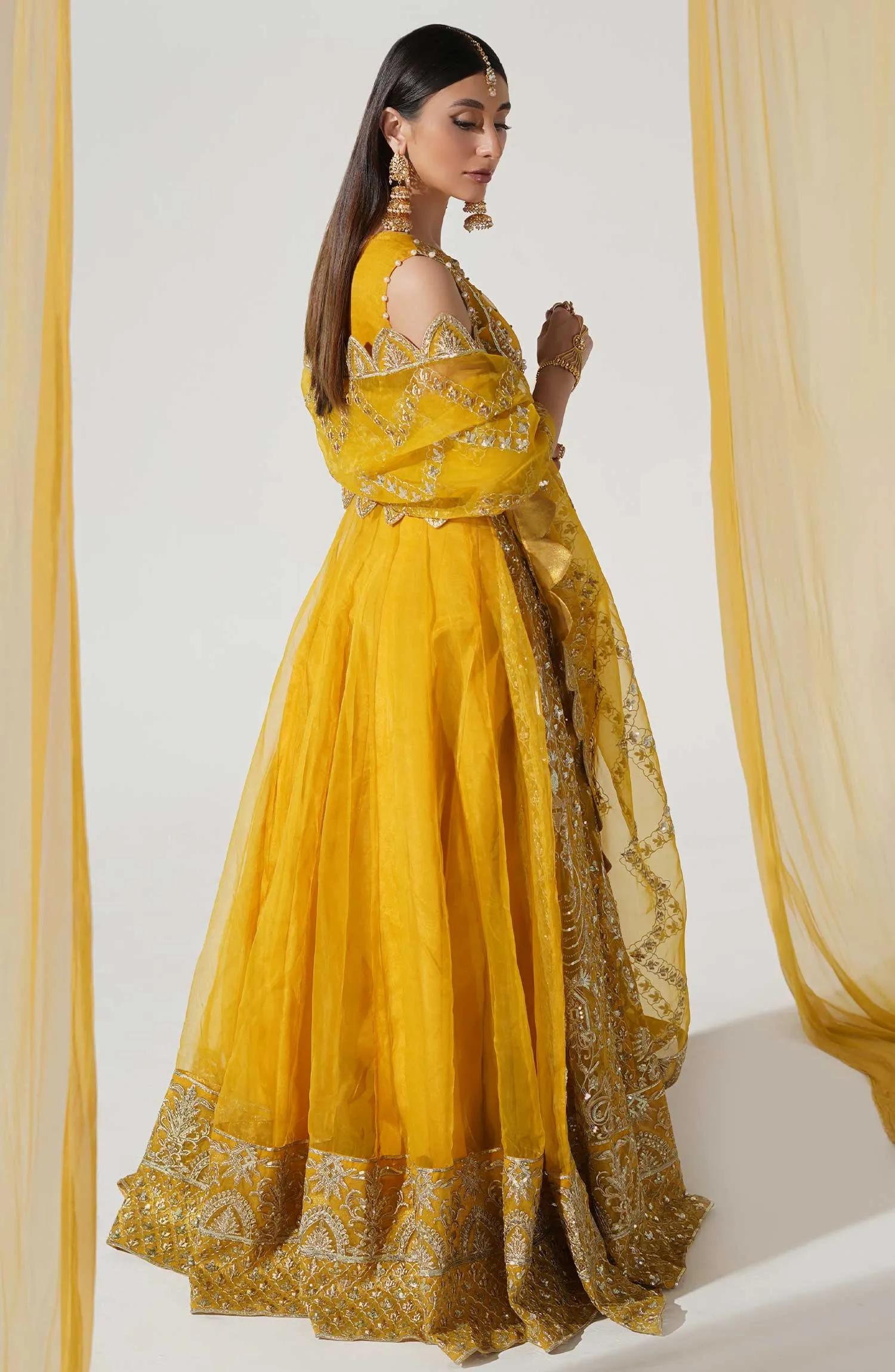 Heavily Embroidered Yellow Pakistani Frock Mehndi Wedding Dress