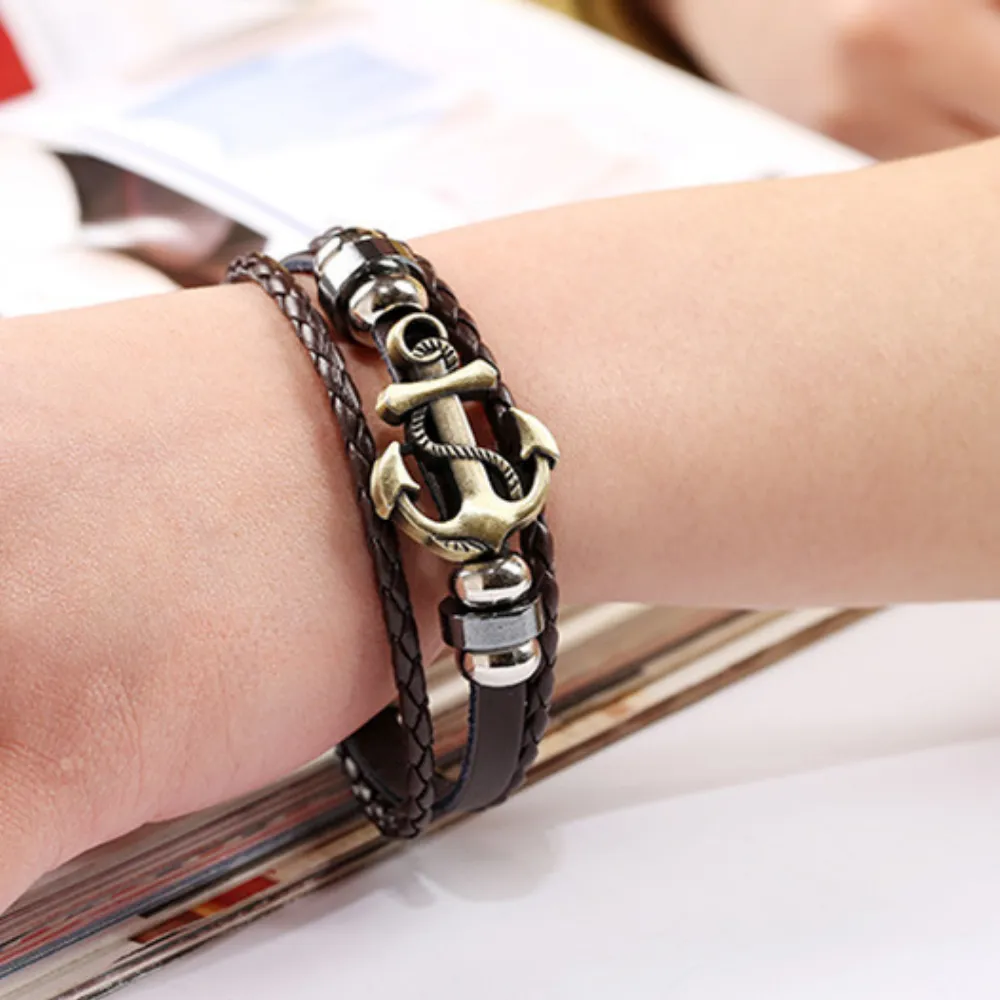 High Street Braided Anchor Leather Bracelet