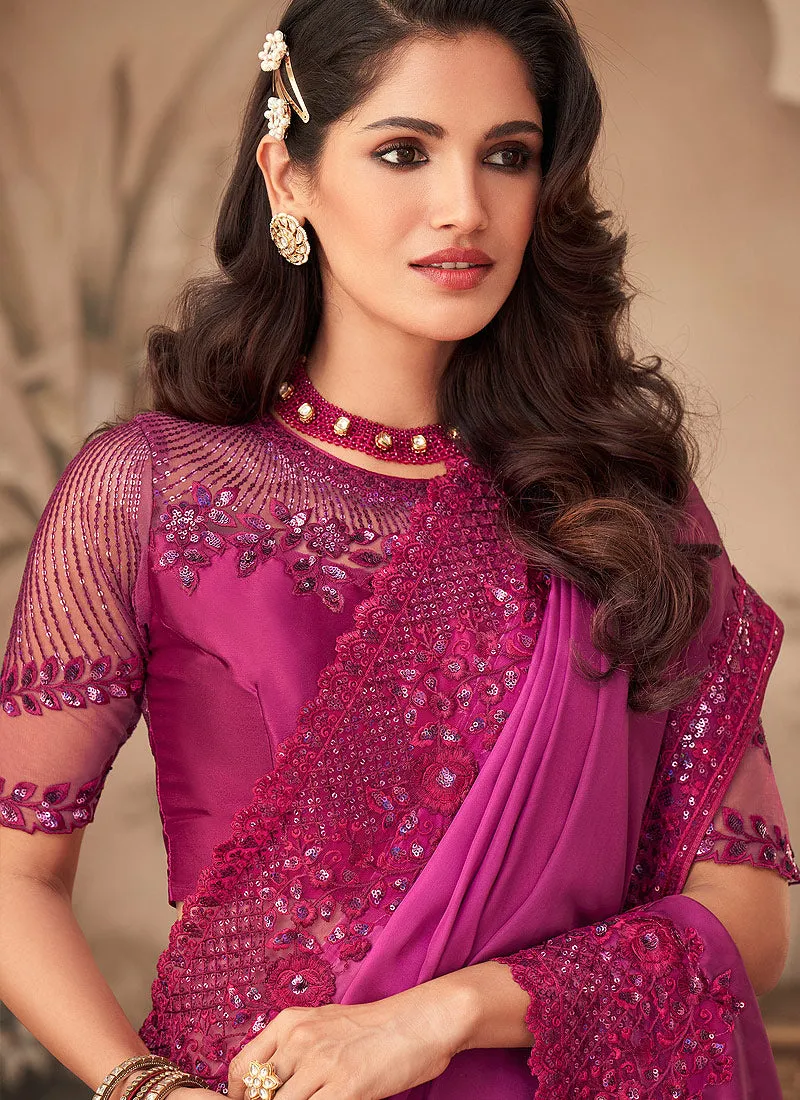 Hot Pink Embroidered Party Wear Silk Saree