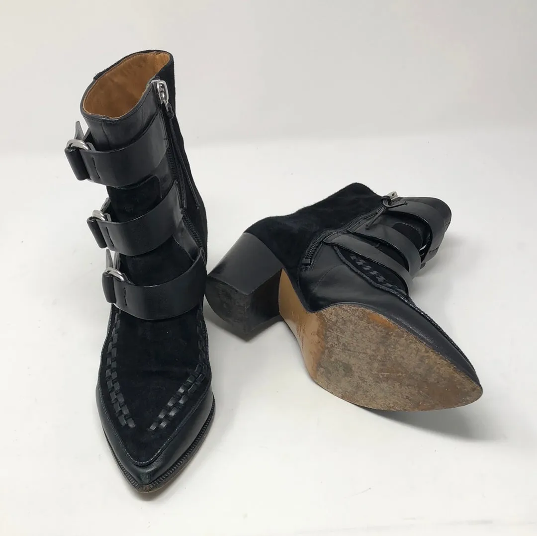 Isabel Marant Black Leather and Suede Tri-Buckle Pointed Toe Booties