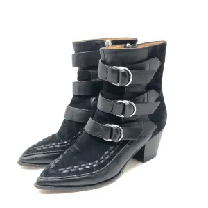 Isabel Marant Black Leather and Suede Tri-Buckle Pointed Toe Booties