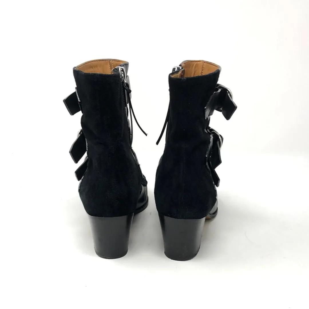 Isabel Marant Black Leather and Suede Tri-Buckle Pointed Toe Booties