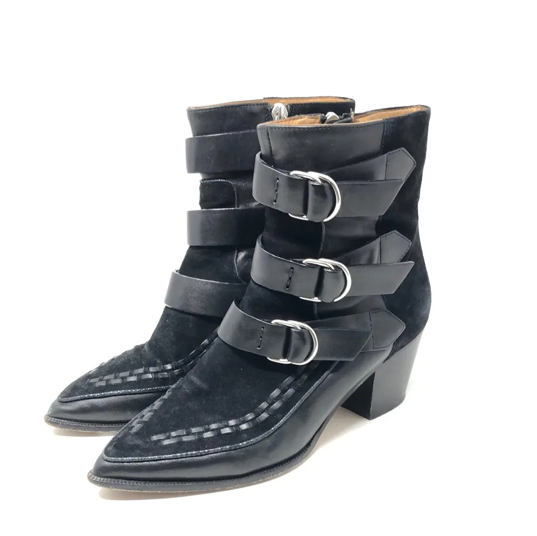Isabel Marant Black Leather and Suede Tri-Buckle Pointed Toe Booties