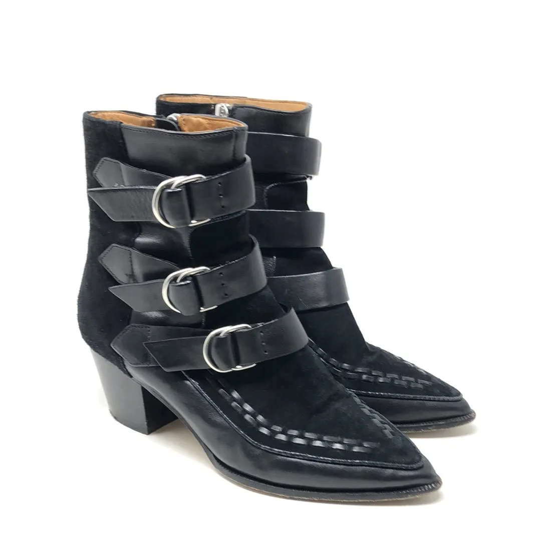 Isabel Marant Black Leather and Suede Tri-Buckle Pointed Toe Booties